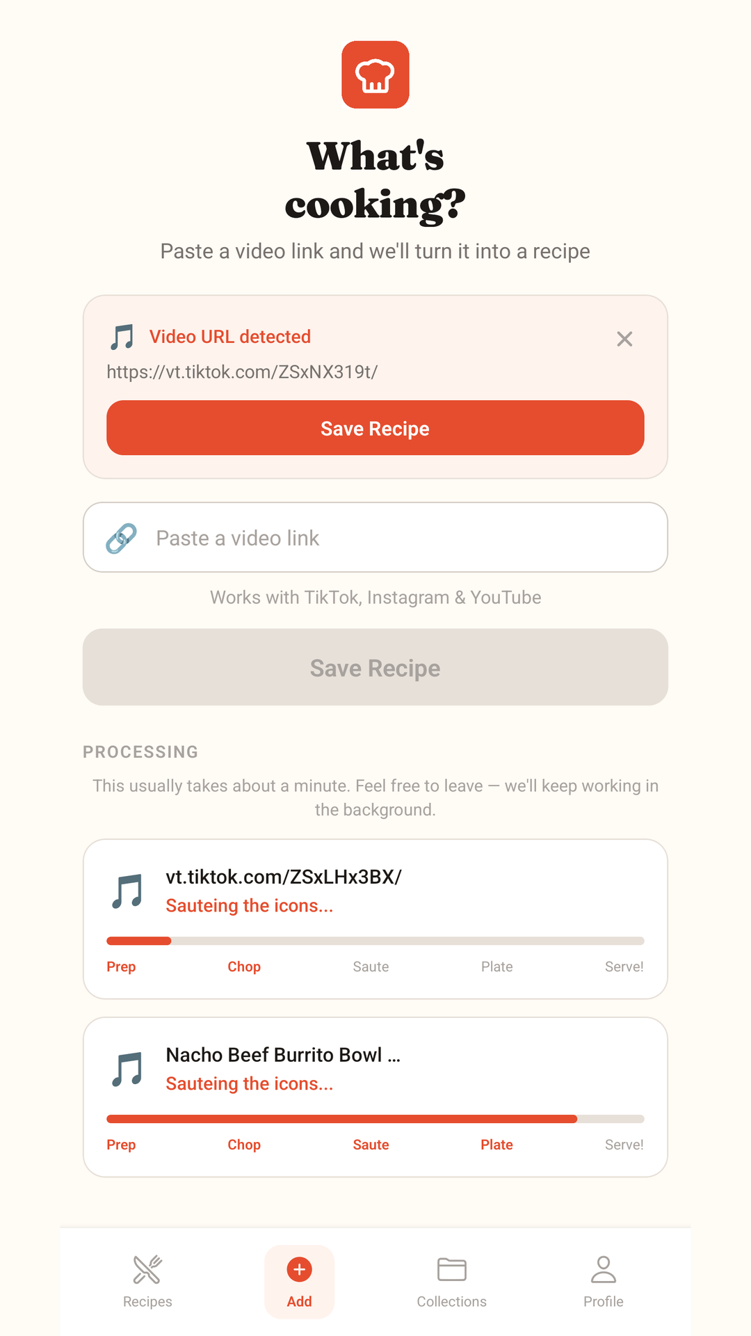 Zest app — paste a video URL and save the recipe