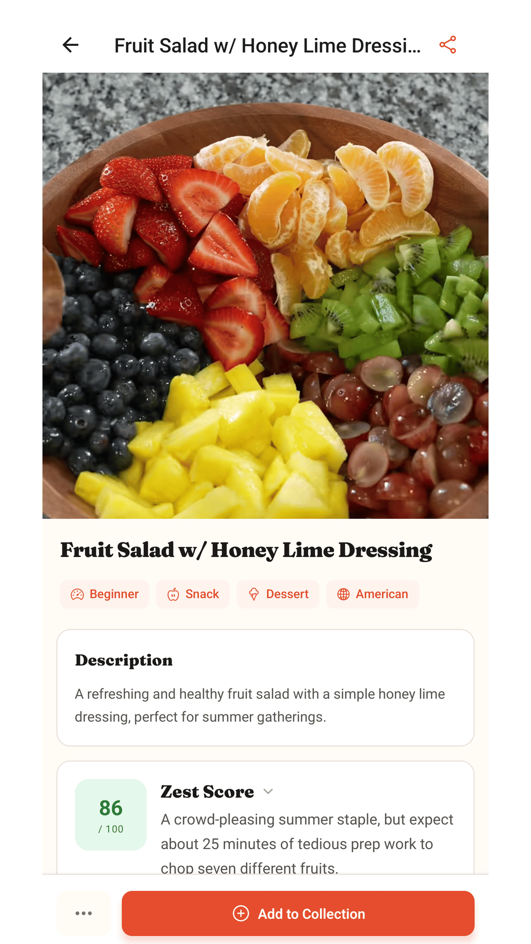 A Zest recipe detail screen showing ingredients, steps, and prep time