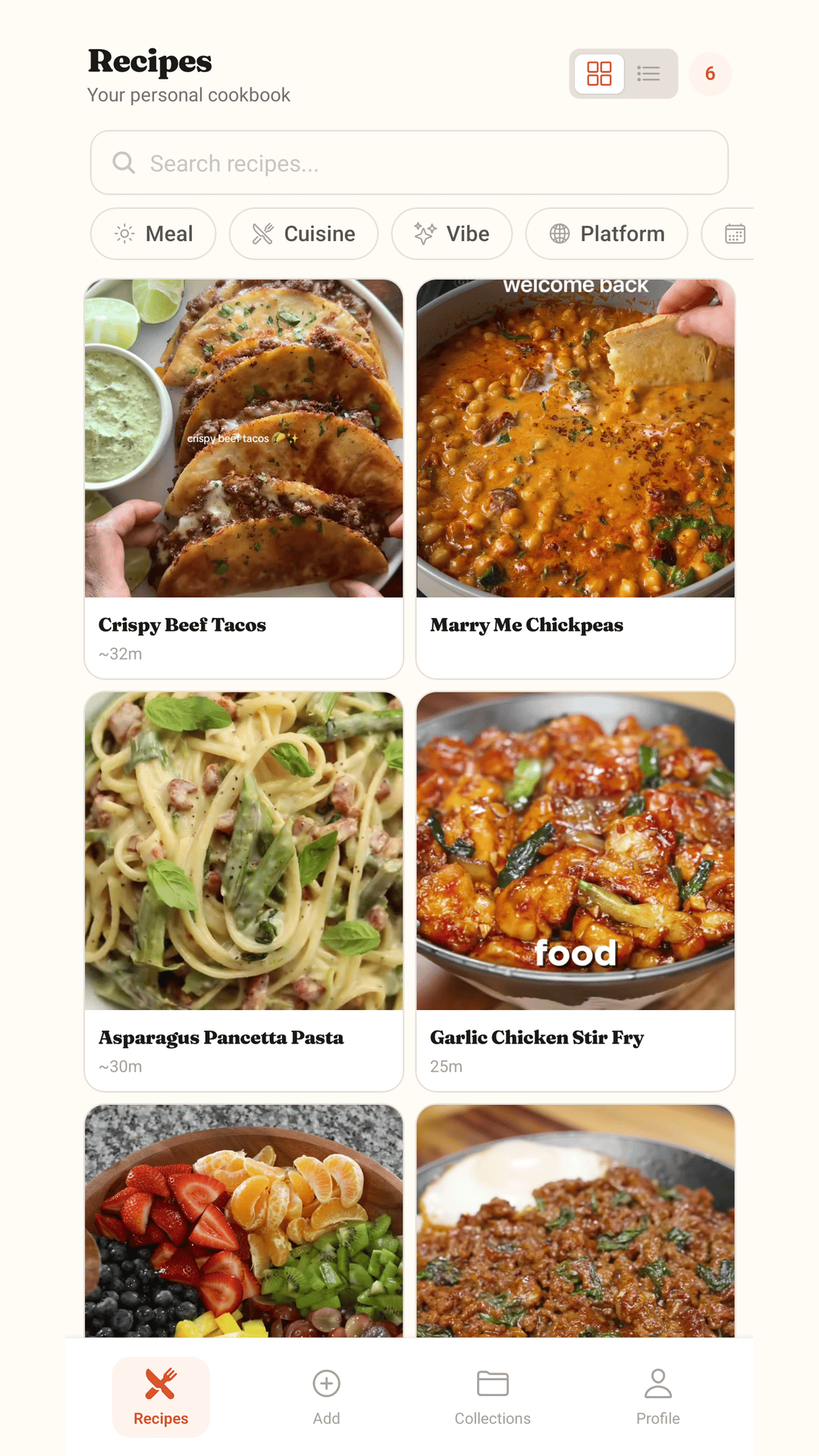 The Zest recipe library showing a grid of saved recipes