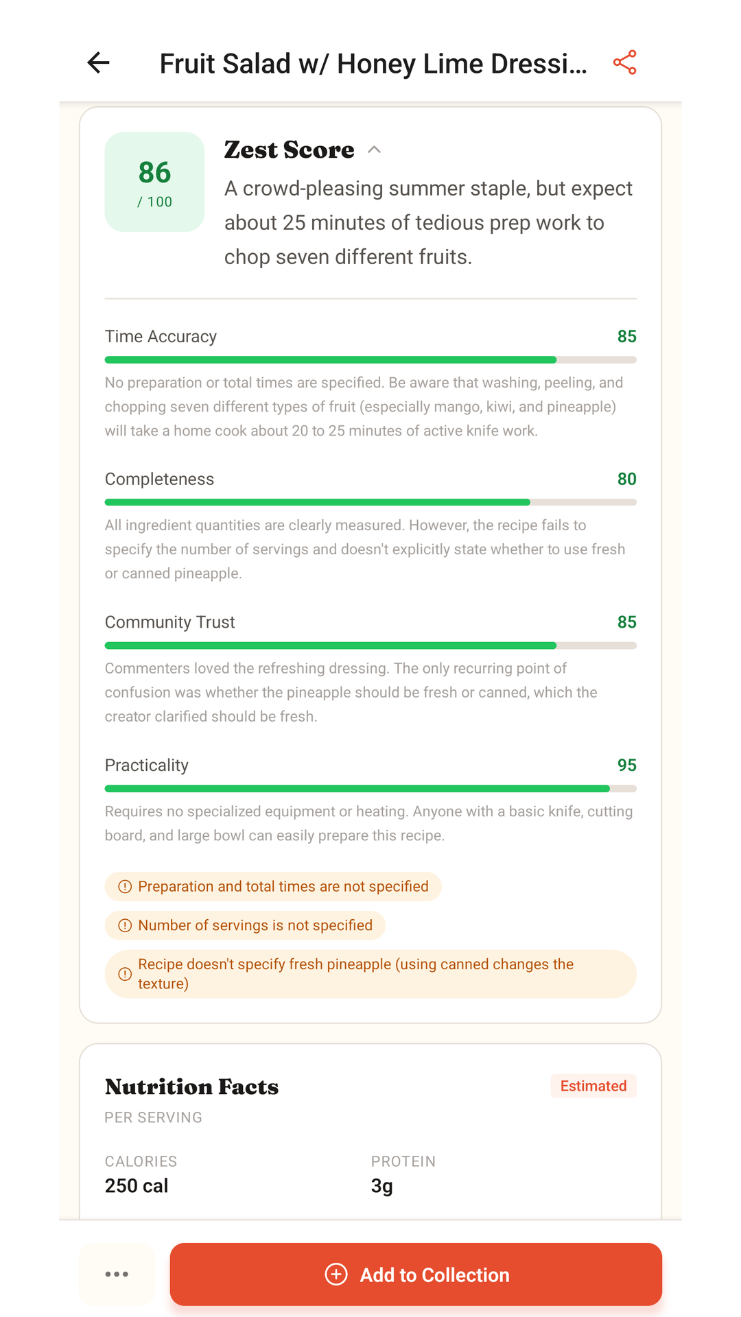 The Zest Score breakdown screen rating a recipe on accuracy and practicality